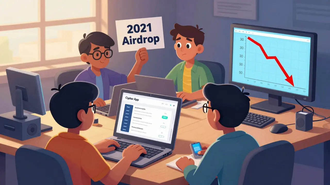 A team of developers working on a half-built Cipher app with a crashing price chart.