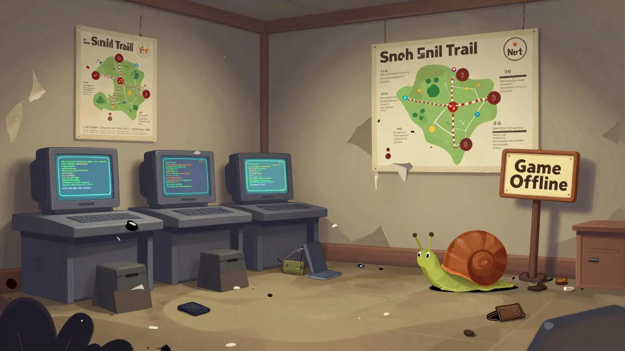 Abandoned game hub with broken tech and peeling posters, a lonely snail NFT sitting in the dust.