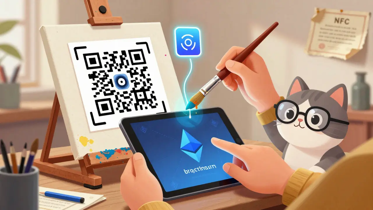 An artist minting an NFT while digital verification elements hover above their canvas.