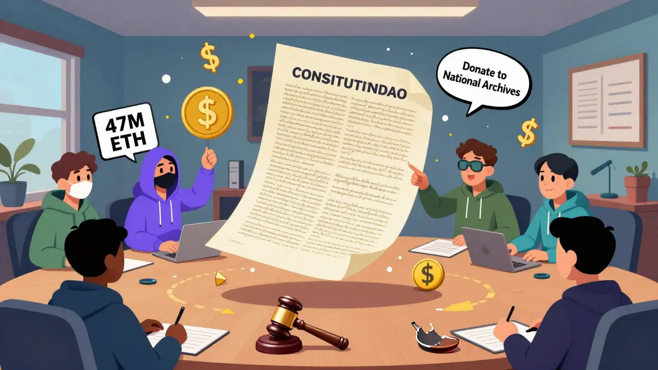 Anonymous avatars debating over a Constitution document with ETH and dollar signs swirling.