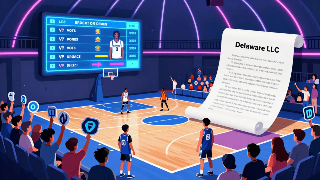Basketball court run by a DAO, fans holding token signs, blockchain ledger above.