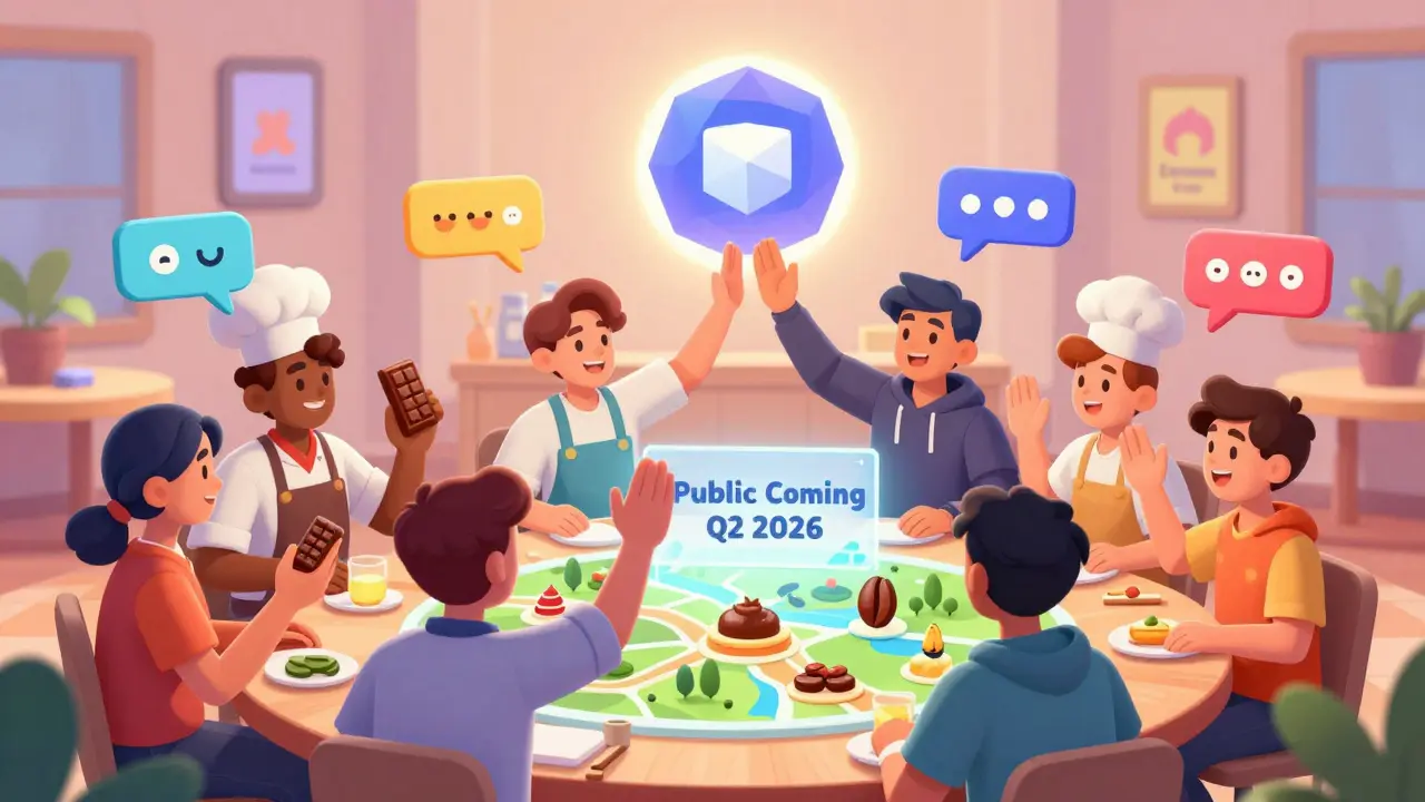 Chefs in a digital lounge celebrating a beta launch, holding NFTs and pointing to a 'Coming Soon' sign.