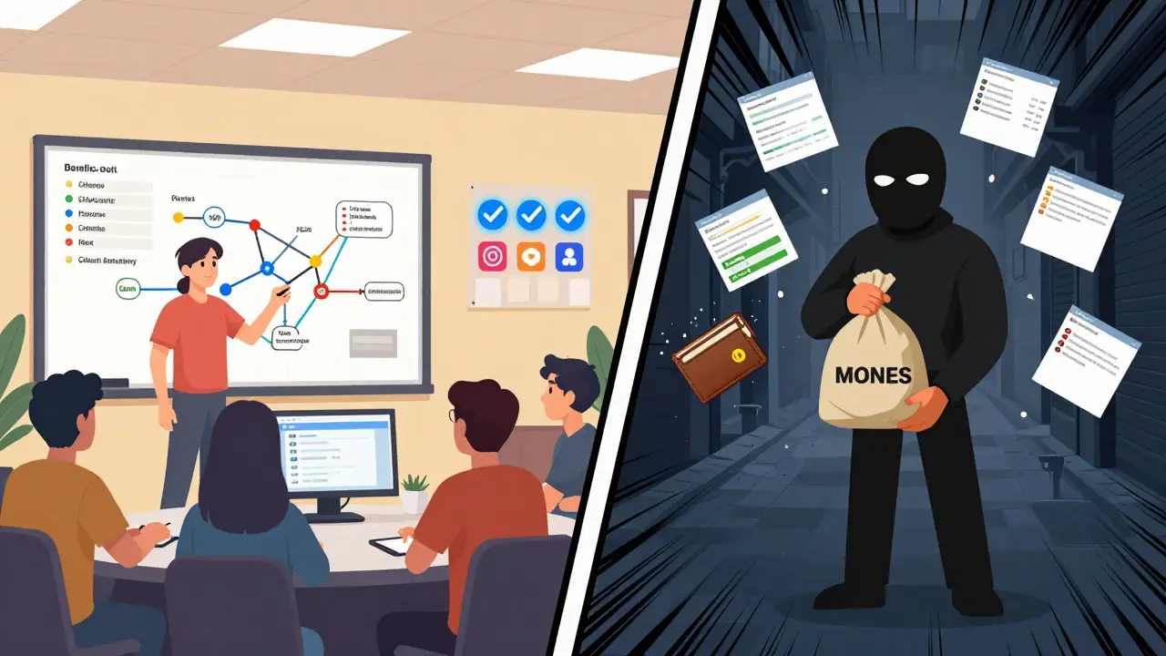 Contrasting cartoon scenes: legitimate project team vs scammer draining wallet in alley.