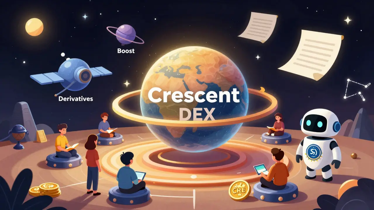 Cosmic Crescent Network hub with satellites for Boost and Derivatives, users staking CRE tokens.