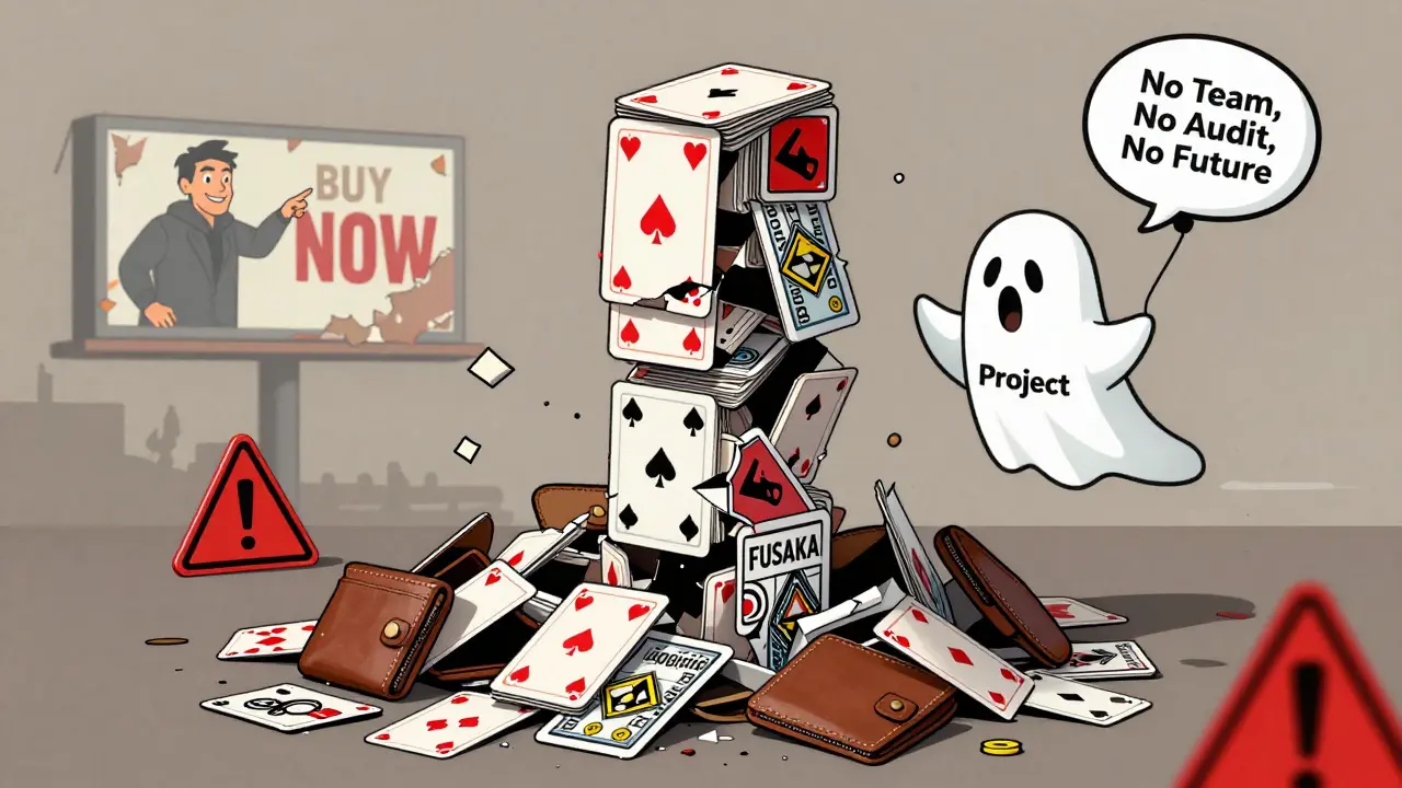 Crumbling FUSAKA blockchain tower made of playing cards, with a ghost floating away labeled 'Project'.