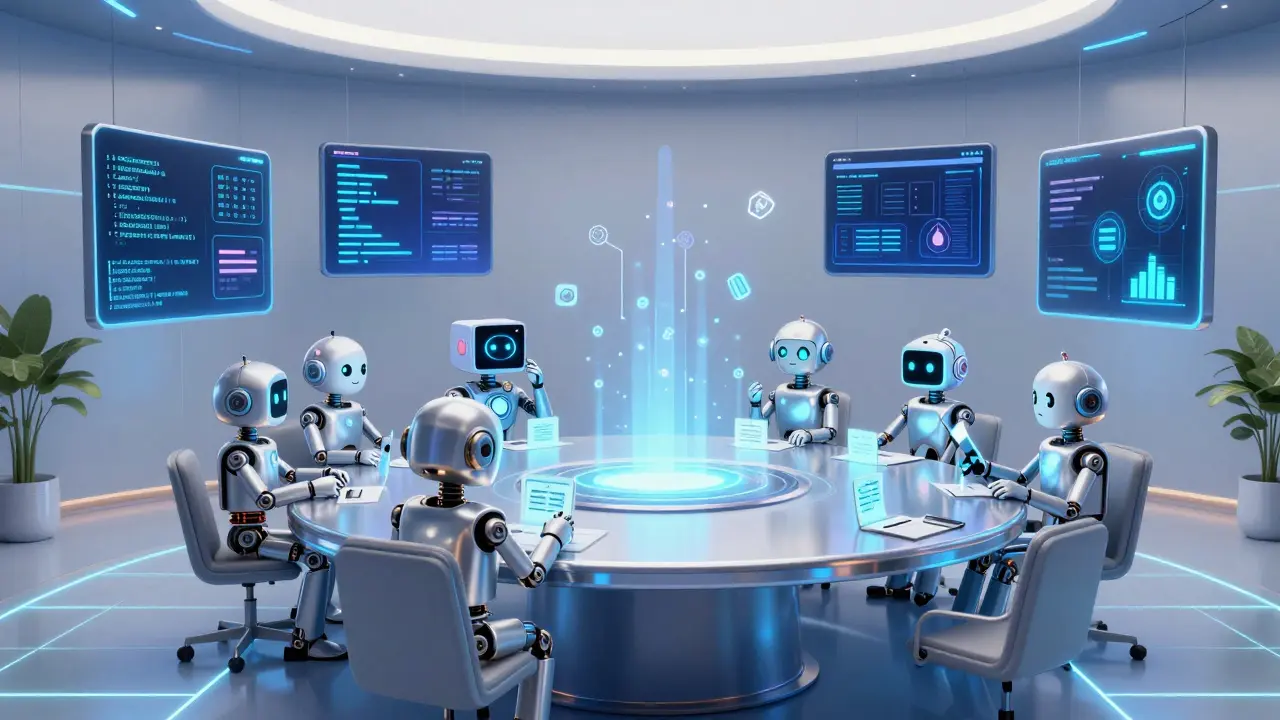 DAO meeting with code avatars and AI agents voting and executing smart contracts on interconnected blockchains.