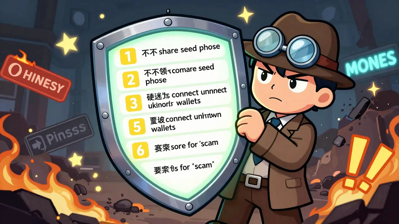 Detective holding safety checklist shield, burning phishing links in background.