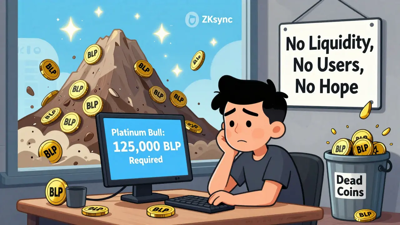 Developer facing impossible BLP tier as tokens crumble to dust beside thriving projects in cartoon style.