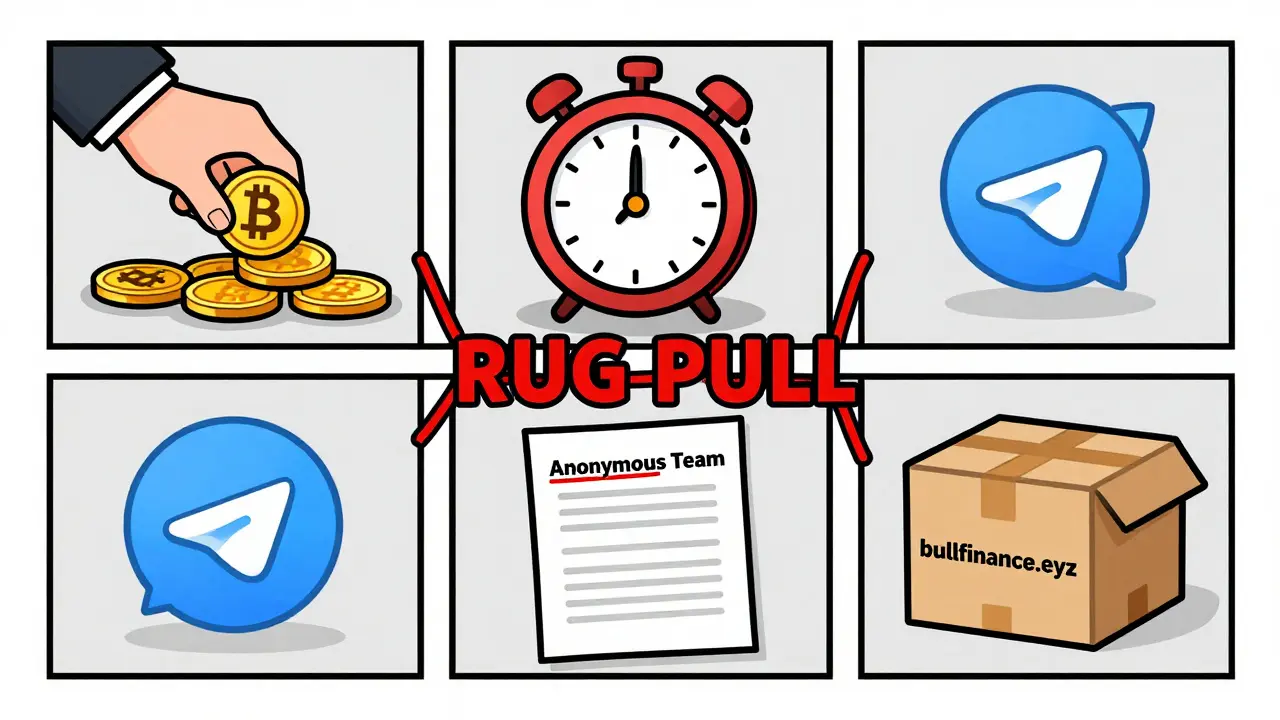 Five cartoon icons showing signs of a crypto scam tied by a 'RUG PULL' rope.