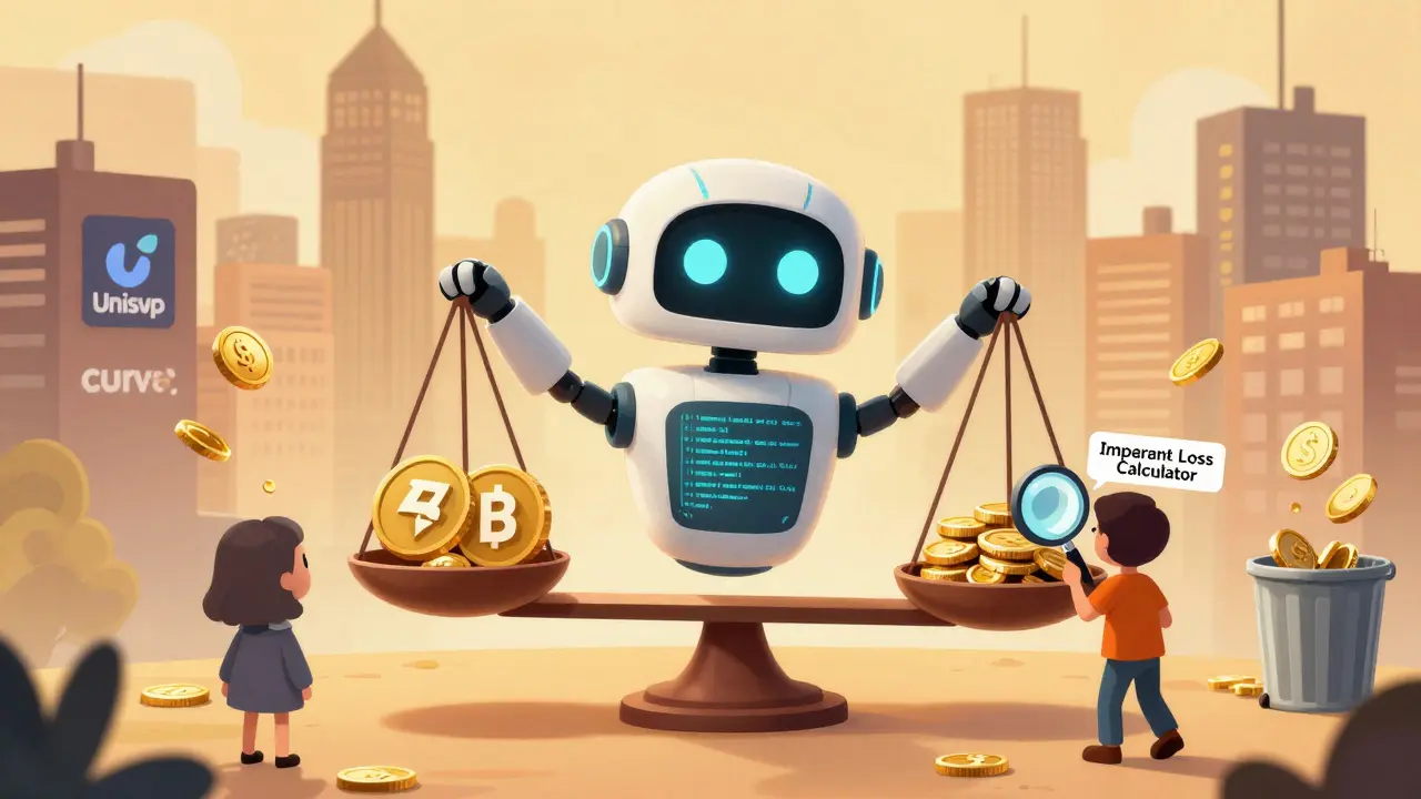 Friendly code robot balancing ETH and USDC tokens while a user checks an impermanent loss calculator.