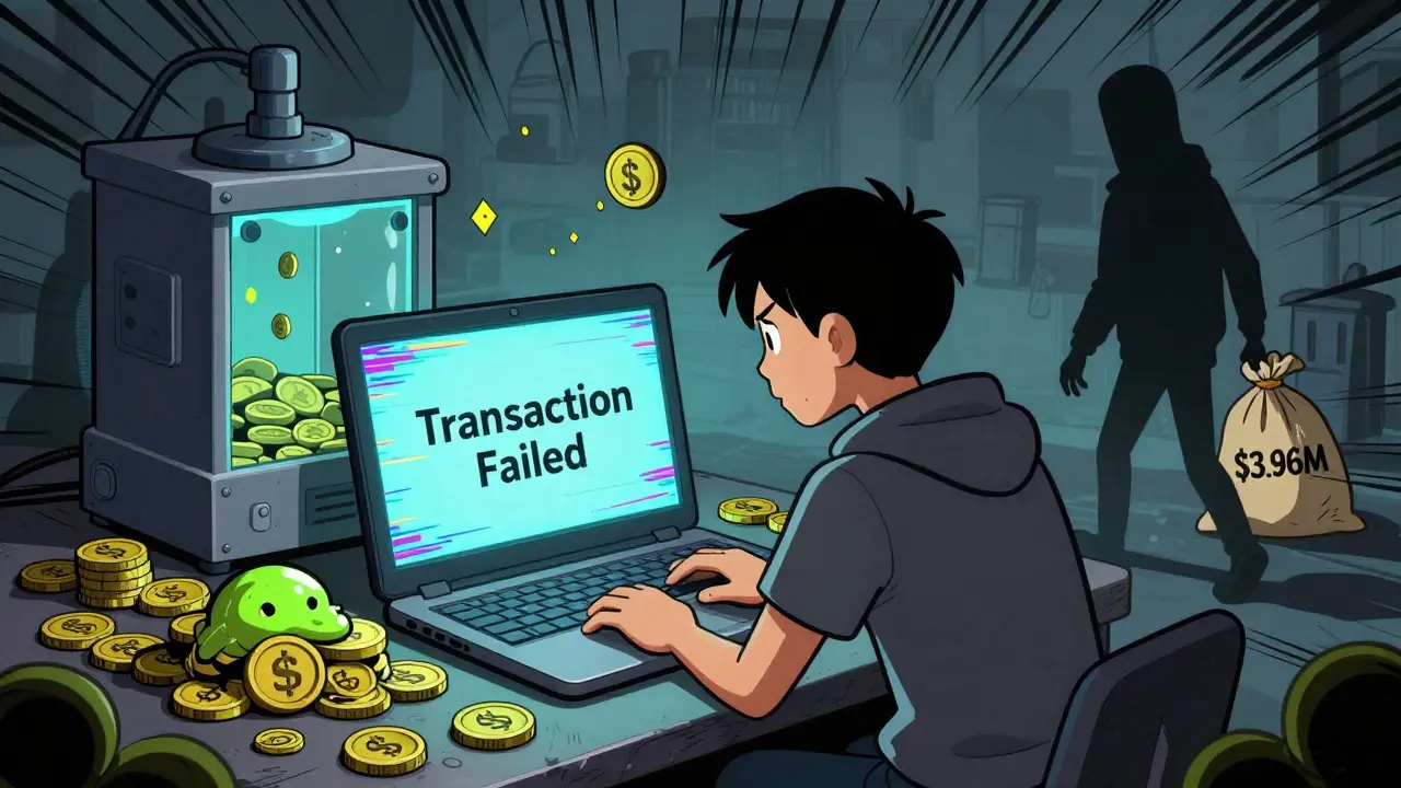 Frustrated player facing a glitchy screen while a shadowy figure walks off with a sack of money.