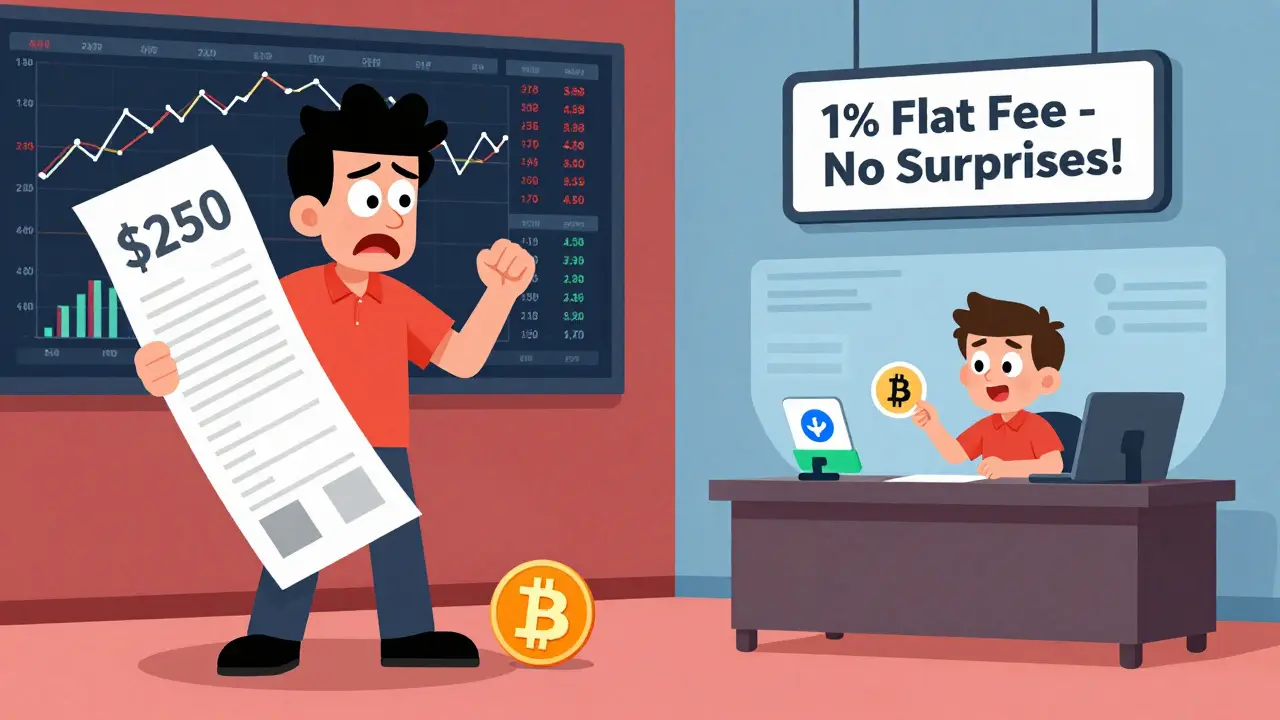 Frustrated trader with high fee receipt vs calm beginner with simple 1% purchase.