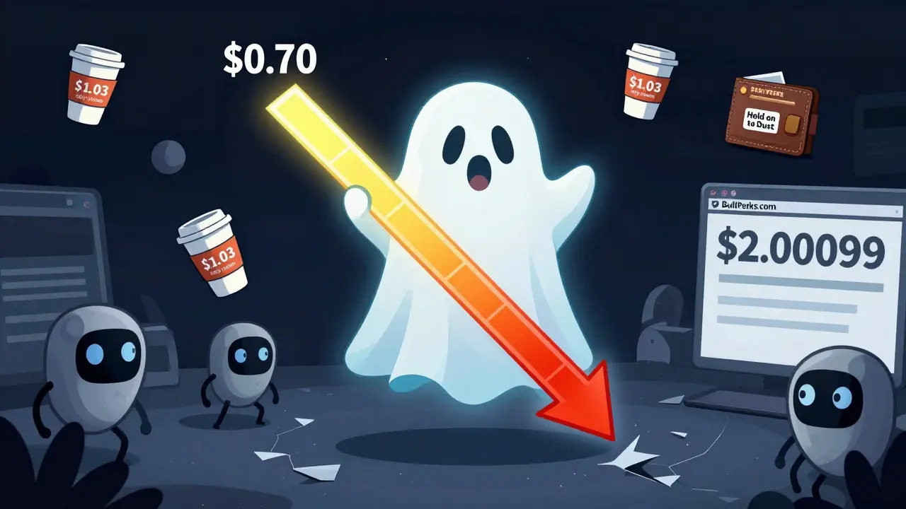 Ghostly BLP token falling in value with coffee cups and phishing bots in cartoon style.