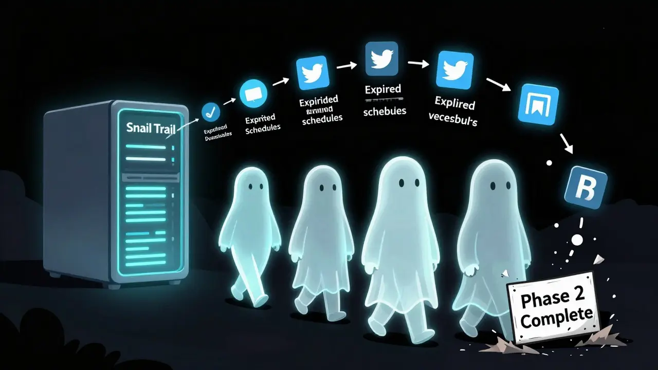 Ghostly developers walking away from a blockchain server, leaving behind abandoned social media icons.