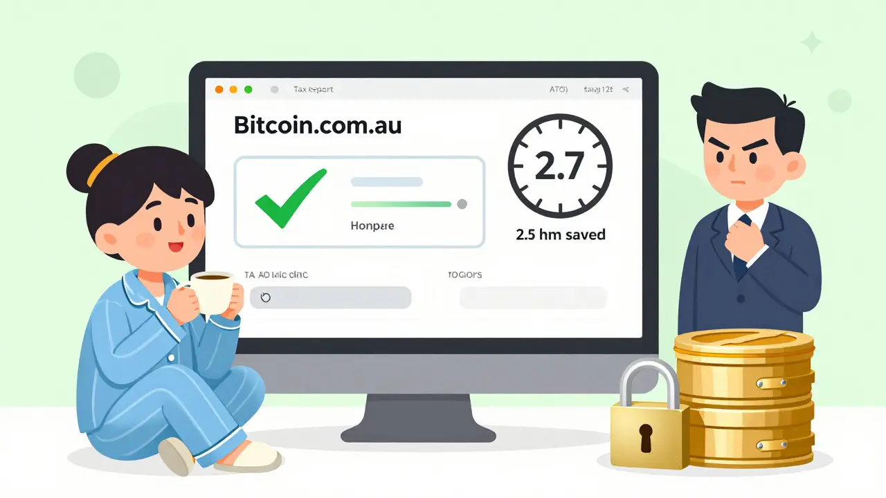 Happy user receiving auto-generated tax report with time saved shown on clock.