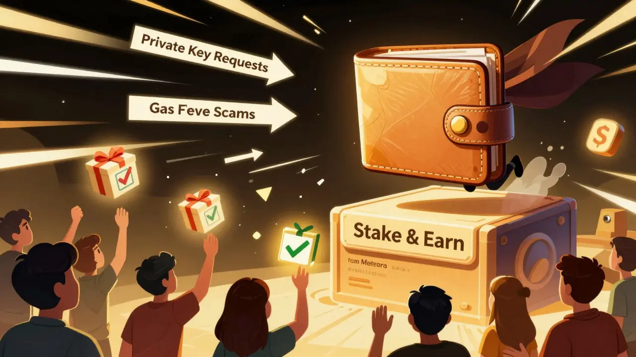 Hero wallet dodging crypto scams and landing on safe staking platform with real airdrops nearby.