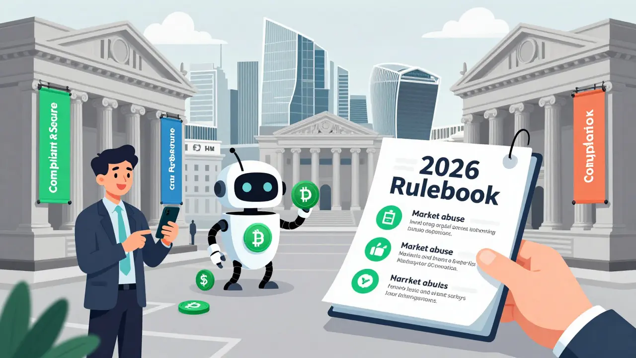 London financial district with crypto-themed banners, retail investor using wallet, and DeFi robot in background under 2026 rulebook