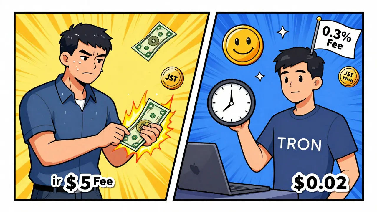Side-by-side comparison: high Ethereum fees vs. low SunSwap V3 fees with speed indicators.