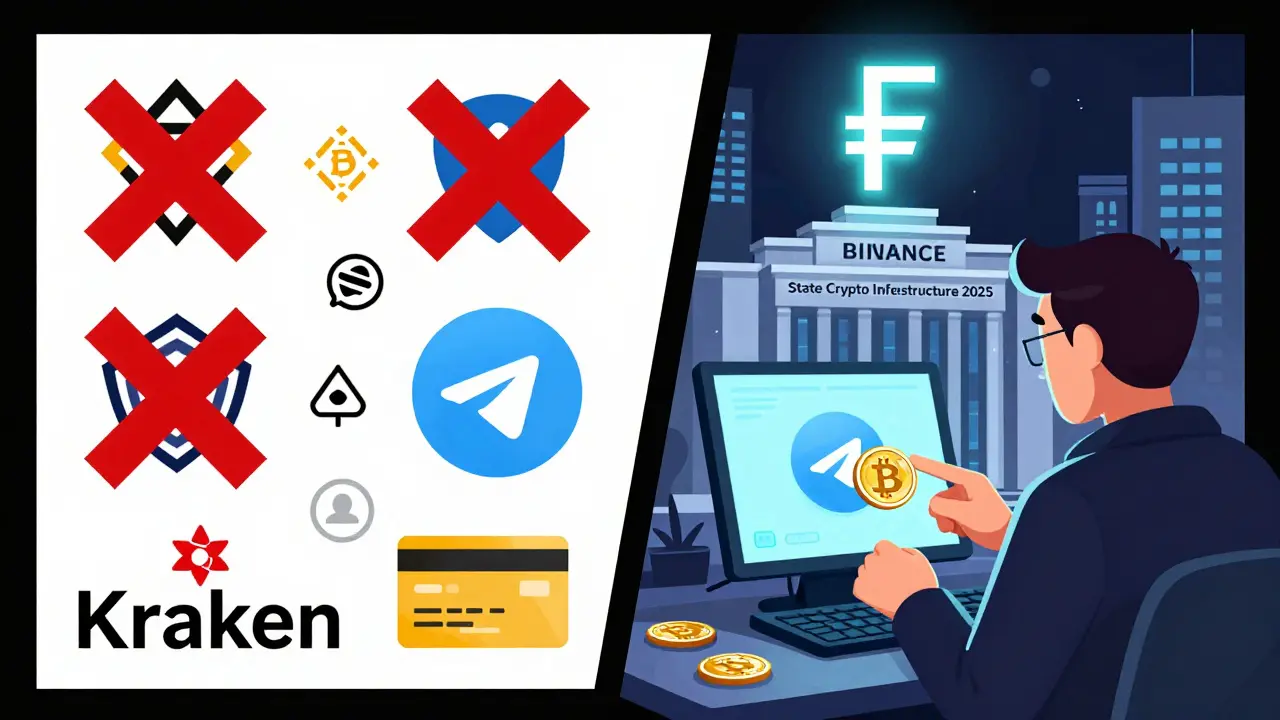 Split scene: blocked Western crypto platforms on one side, Russian user trading via Telegram on the other with state digital currency rising.