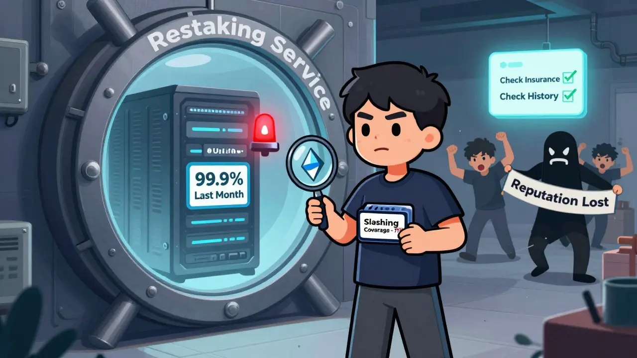 Staker inspecting a restaking service vault with hidden slashing history, holding insurance label, others fleeing.