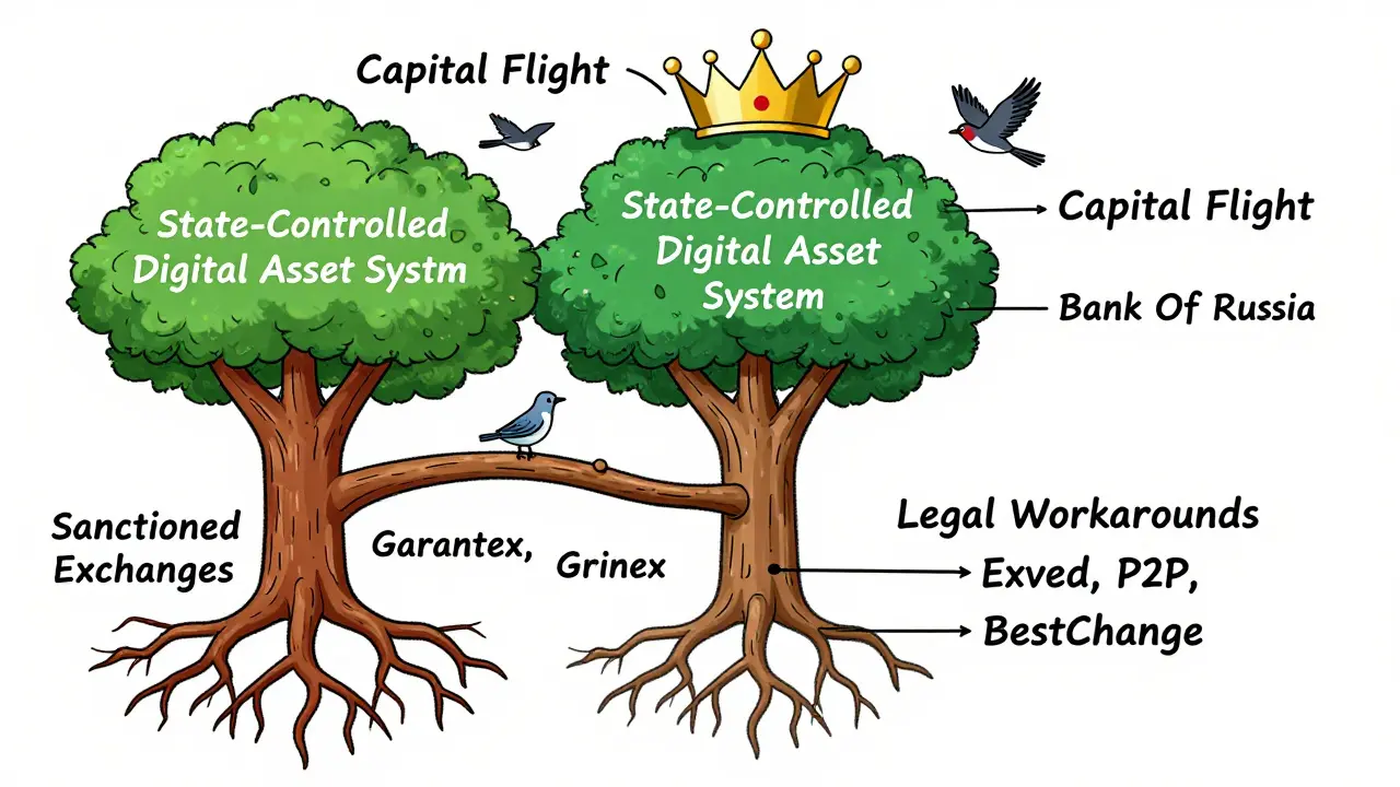 Tree with banned exchanges as roots, legal workarounds as branches, and a state-controlled digital asset as the crown.