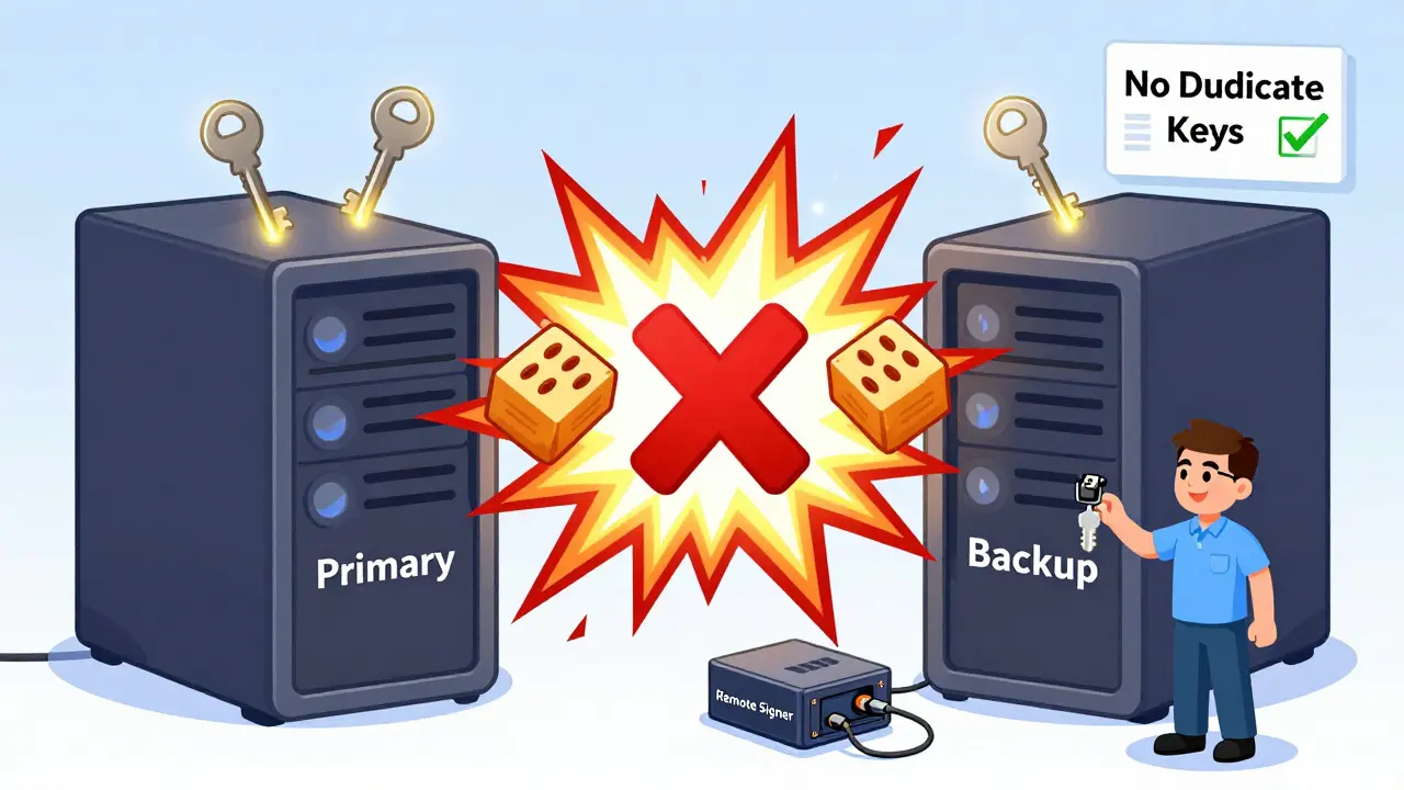 Two validator servers with duplicate keys colliding in a slash explosion, while a remote signer keeps keys safe.