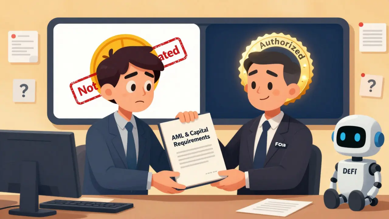 UK crypto startup founder handing compliance documents to FCA inspector while US and UK stablecoins are shown side by side