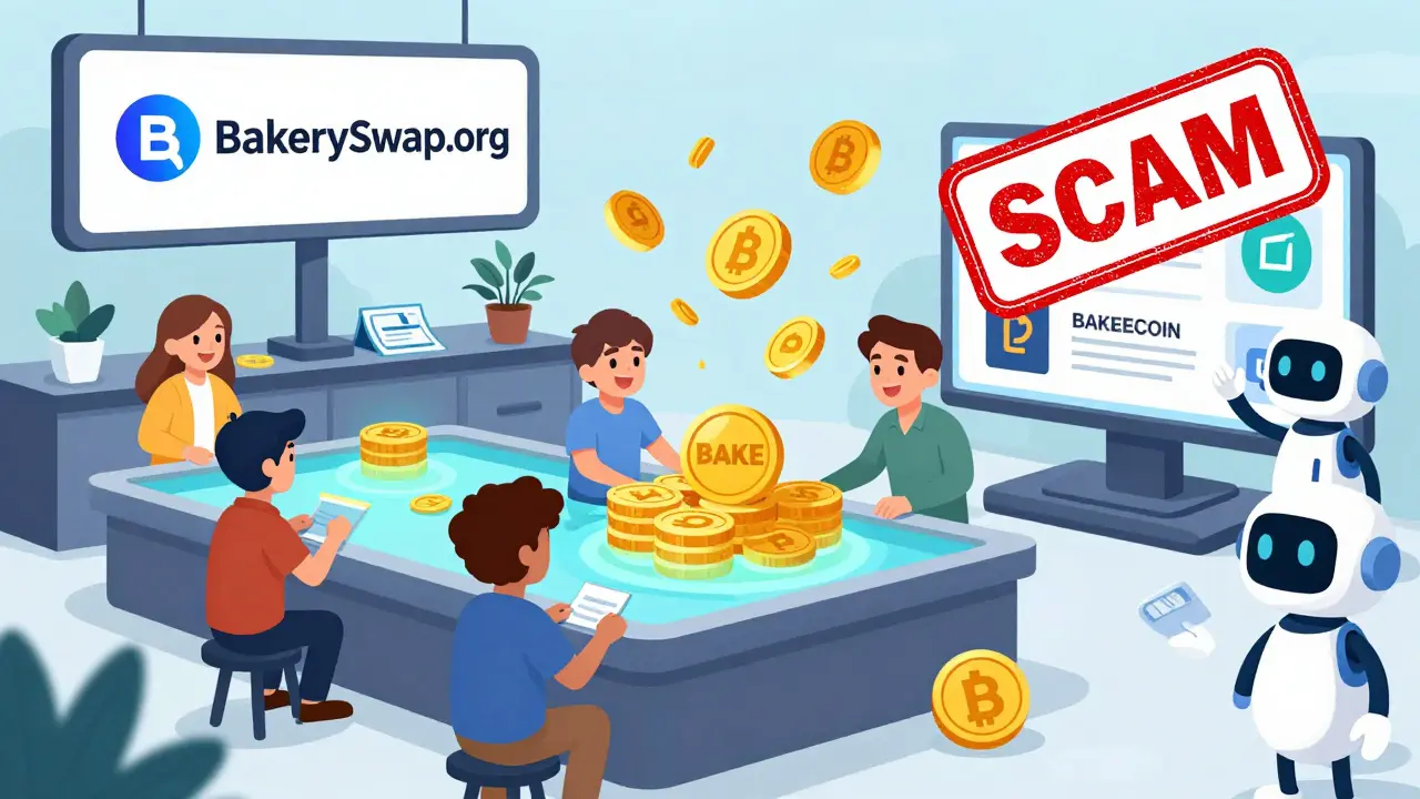 Users staking BAKE tokens at BakerySwap while fake BAKECOIN scams get crushed under a red stamp.