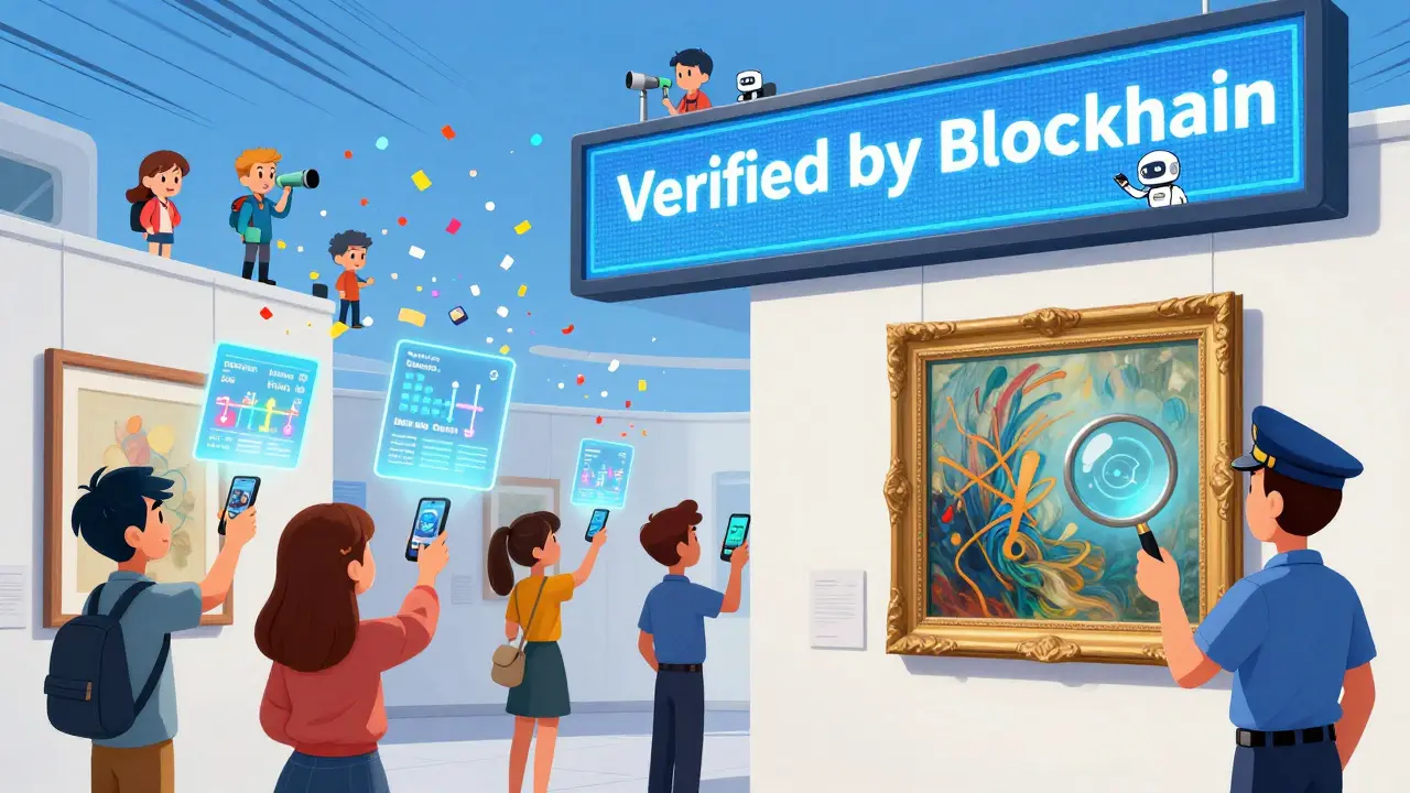 Visitors tapping NFC chips in a gallery, revealing holographic ownership histories in the air.