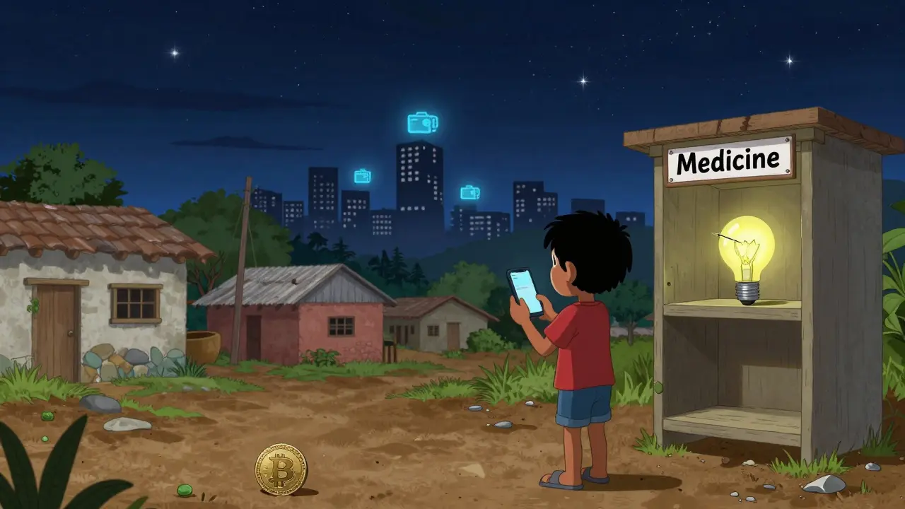 A child in rural Venezuela stares at a smartphone with no signal, while a USDT coin lies in the dirt nearby.