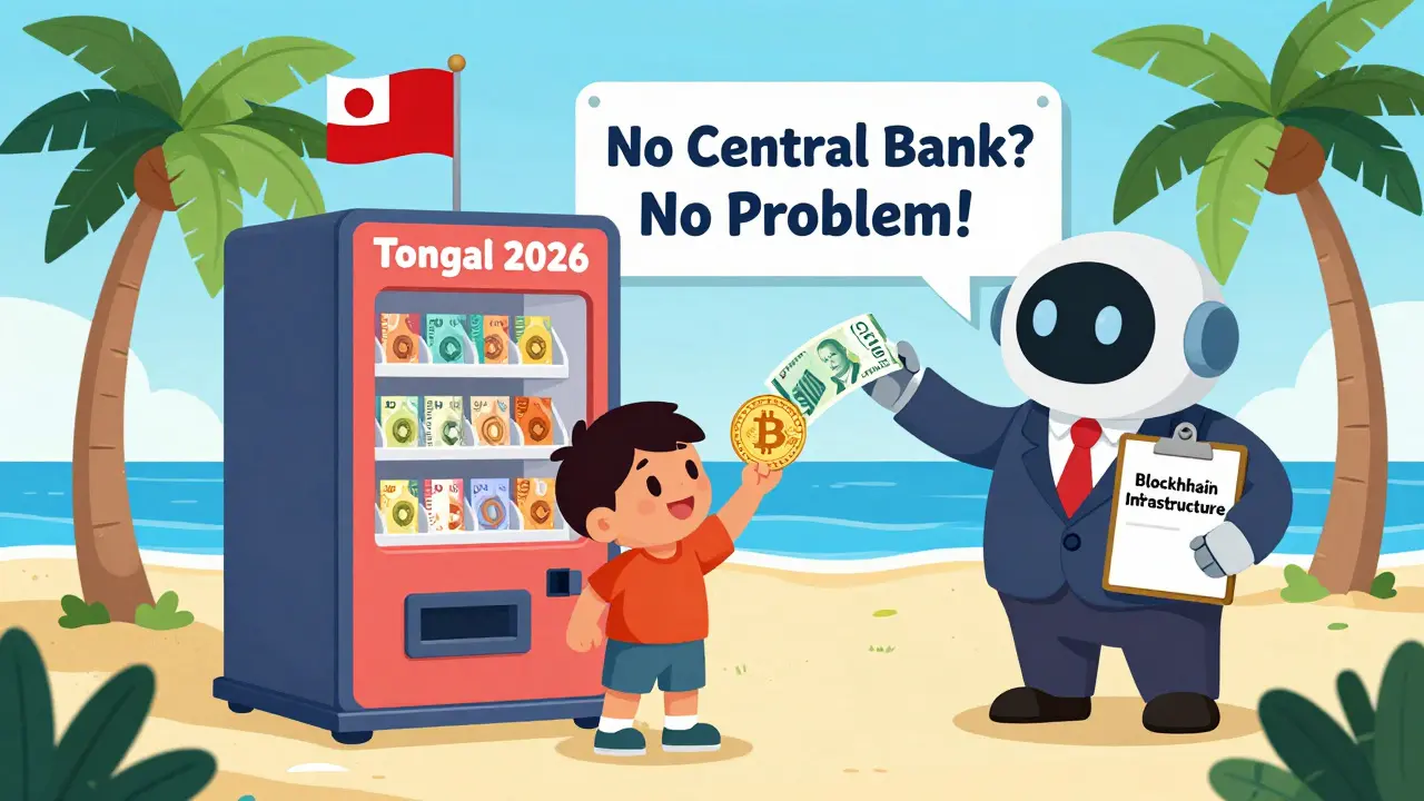 A child in Tonga using a blockchain vending machine to exchange Bitcoin for local currency on a Pacific island.