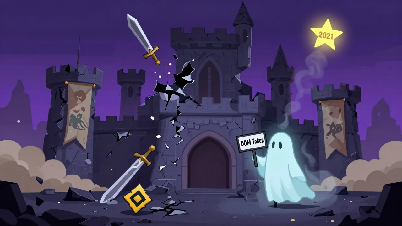 A crumbling blockchain castle with ghostly DOM token signs fading into smoke under twilight.