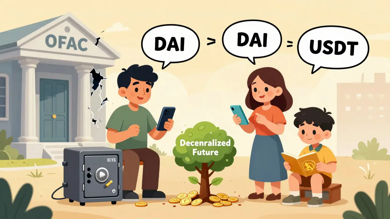A family building a decentralized future using crypto tools while a traditional bank crumbles behind them.