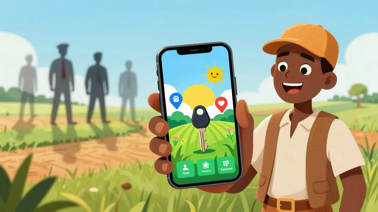 A farmer in Ghana views a blockchain land record on his phone, with GPS and digital key icons, in cartoon style.
