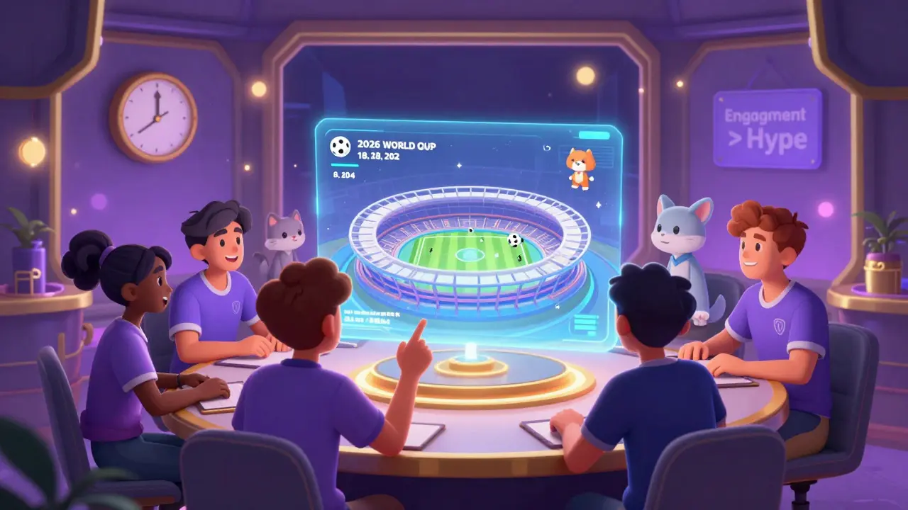 A glowing Discord server with Legendary NFT holders watching a hologram of a 2026 World Cup stadium, in a dreamy digital space.
