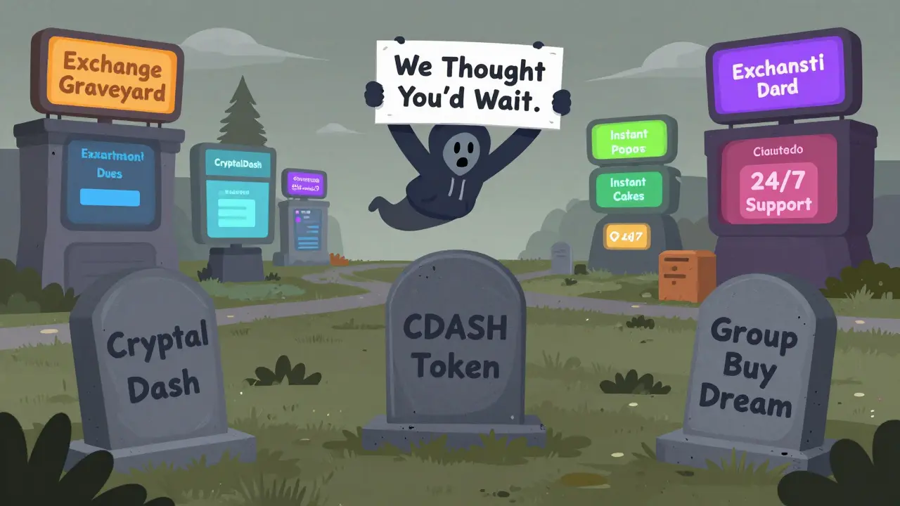 A graveyard of failed crypto exchanges with a ghostly figure holding a sign about waiting for group buys.