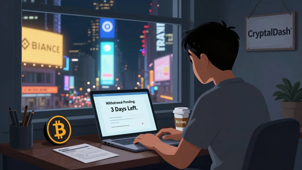 A lonely trader stares at a slow withdrawal screen while modern exchanges shine brightly in the background.