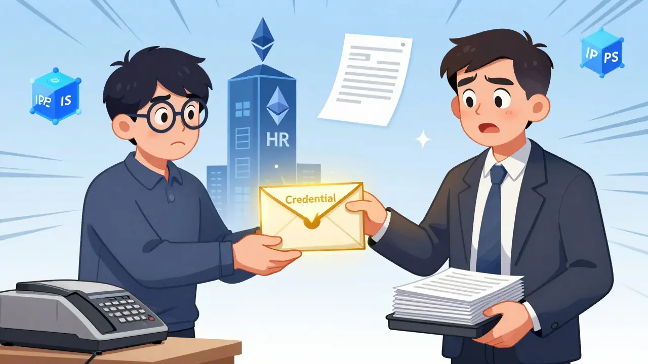 A person hands a glowing credential envelope to an HR manager confused by fax machines and paper transcripts, while blockchain glows in the background.