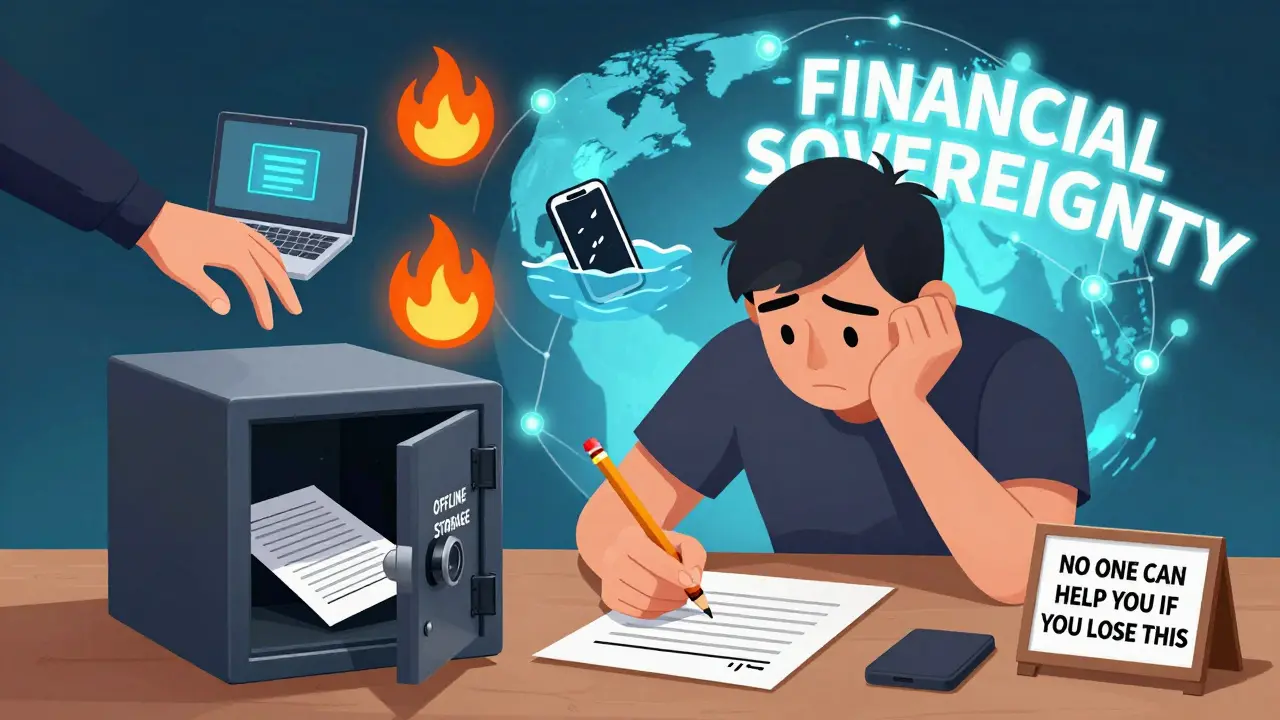 A person writing a recovery phrase on paper while danger icons float around, with a secure safe opening in the foreground.