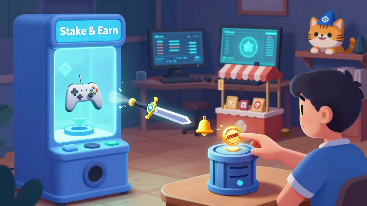 A player staking a GZONE token in a loop that connects gaming, NFTs, and rewards