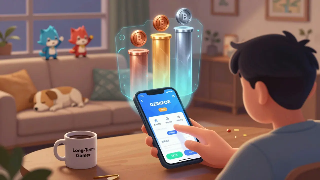 A player staking GZONE on a mobile app with a rising tier system and game characters visible in the background.