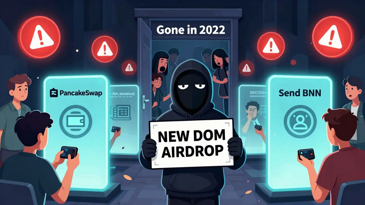A scammer tricking users with fake airdrop signs while the real team disappears in the background.