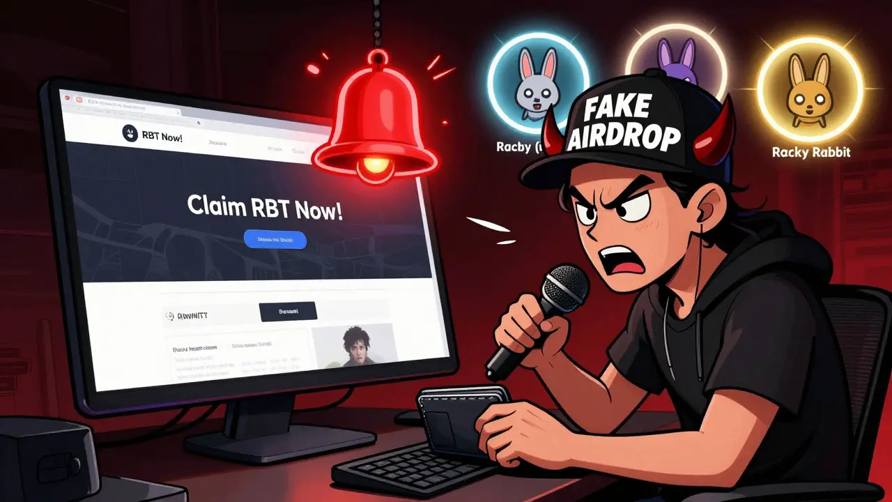 A user connecting their wallet to a phishing site while a demon whispers 'FAKE AIRDROP', with legitimate projects glowing in the distance.