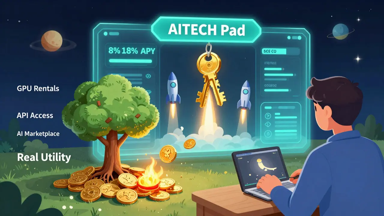 A user staking AITECH tokens to unlock early access to AI startup projects.