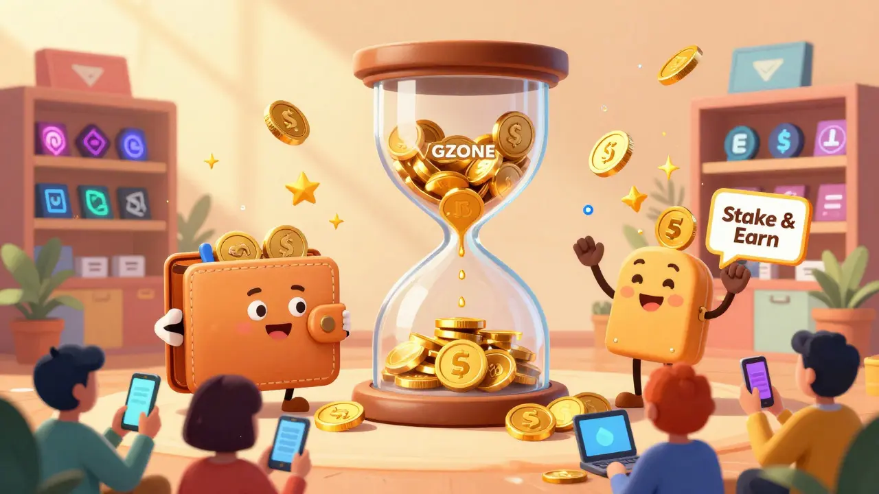 A wallet raining golden stars as daily staking rewards fall on players using phones and laptops in a digital reward system.