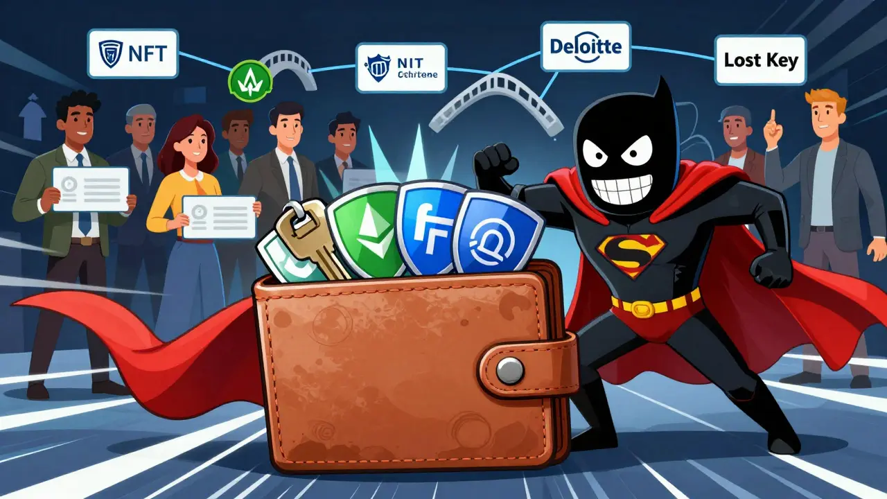 A wallet-shaped superhero cape protects against a 'Lost Key' villain, with cross-chain bridges connecting global institutions issuing digital credentials.