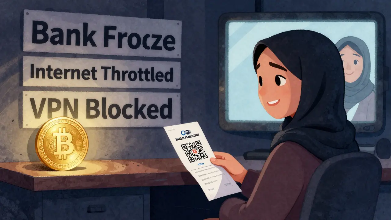 A woman scans a medicine receipt into a Bitcoin wallet, surrounded by government restrictions.