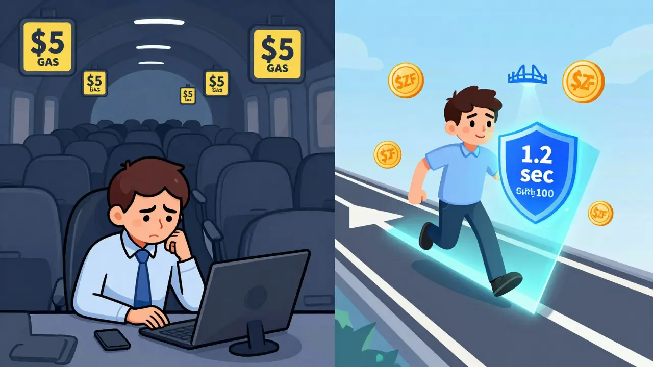 Contrast: stressed trader in slow Ethereum tunnel vs. calm one on fast zkSync highway.