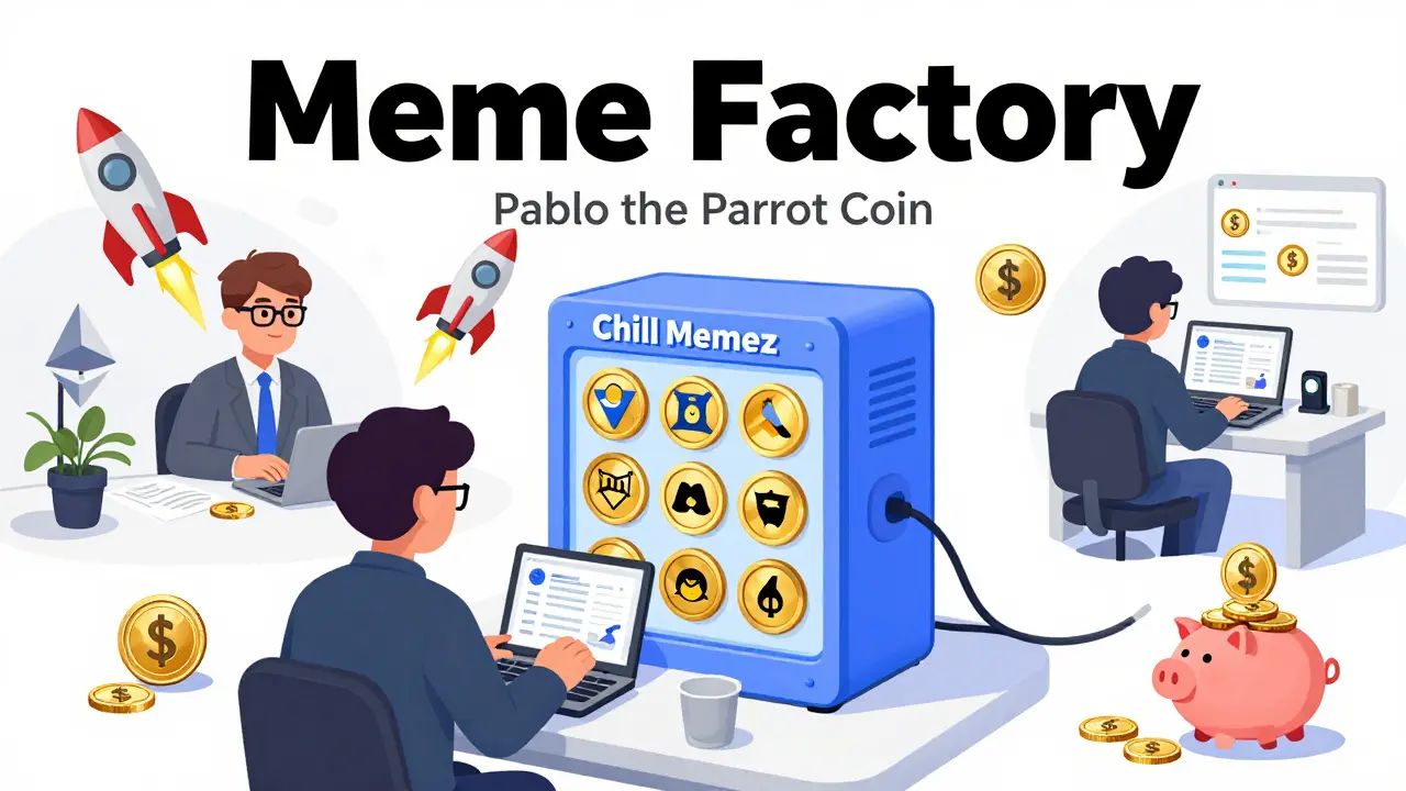 Entrepreneurs creating custom memecoins using a simple drag-and-drop machine.
