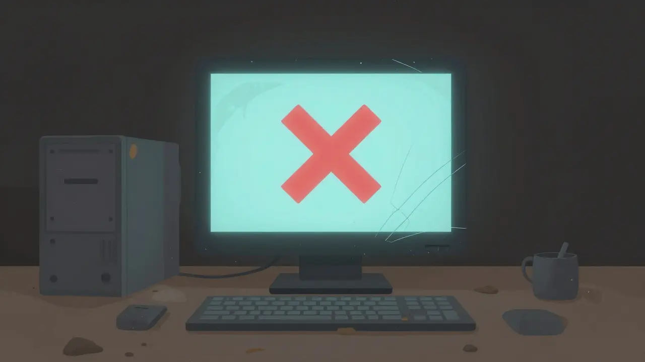Faded blockchain logo on a cracked computer screen with a red X symbol.